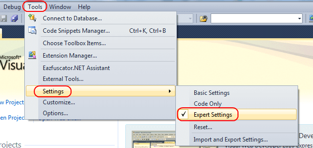 Expert setting in Visual Studio 2010+ Express